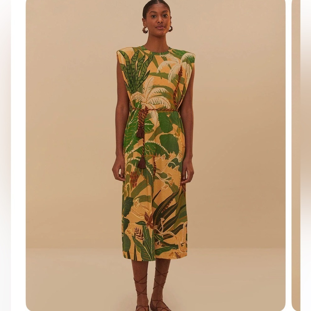 160$ Farm Rio Tropical Isla Padded Shoulders Midi Dress Size L Beige Green - Picture 3 of 12